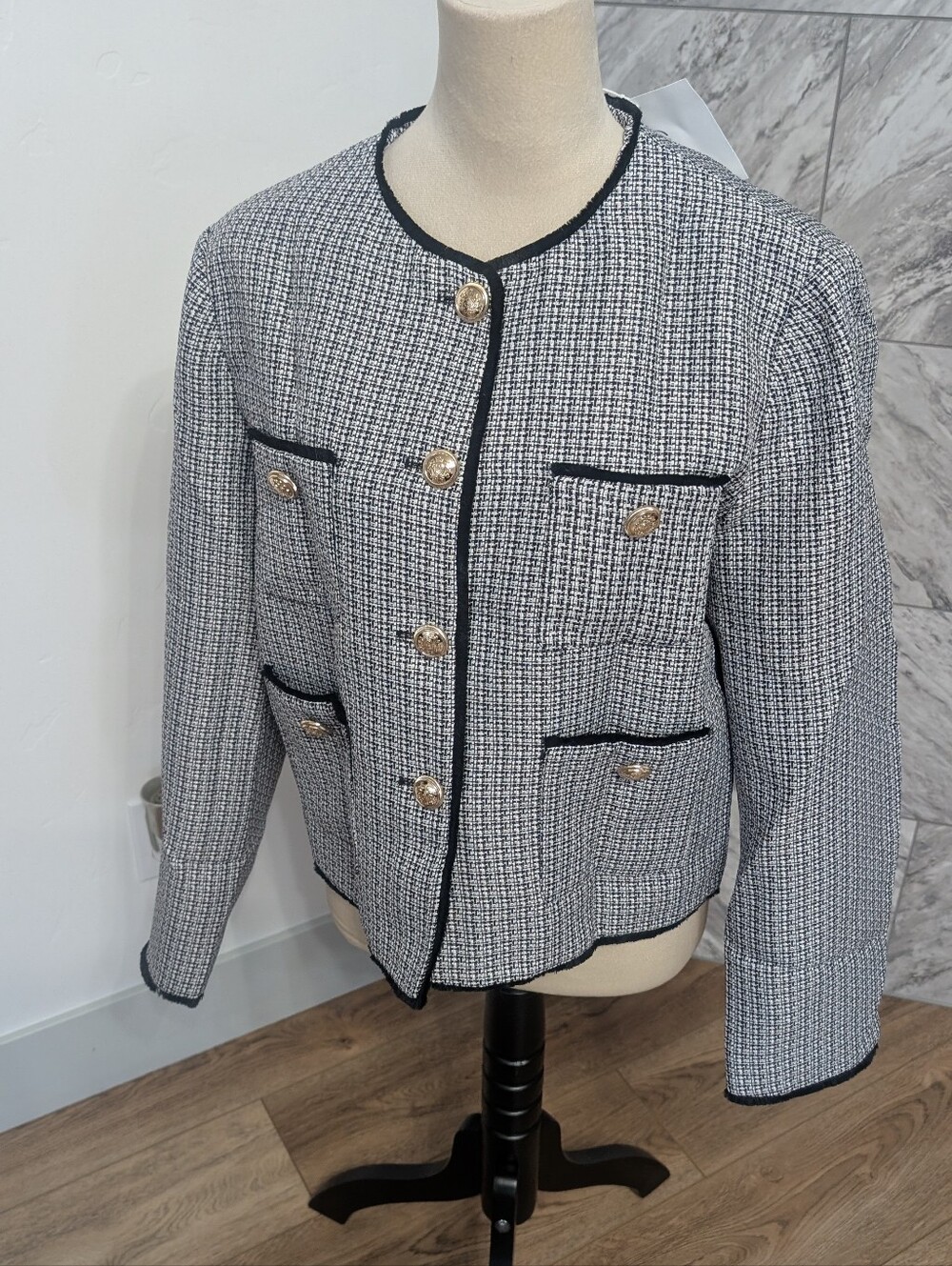 Cropped Black & White Tweed Boxy Jacket